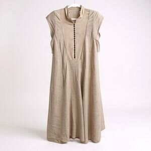 Hallelujah Linen Midi Dress Japan Contrast Bib Button Front Tan A-Line 38